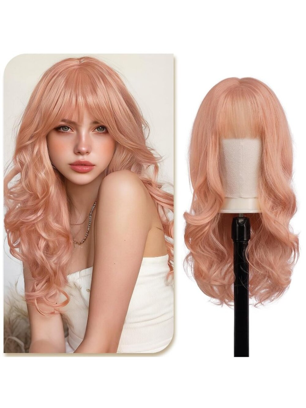 24 Inch Women's Dusty Pink Highlights Natural Looking Synthetic Wig with Bangs